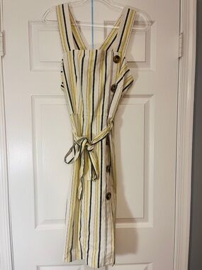 Tommy Hilfiger Yellow & White Striped Midi Dress with Tie Waist